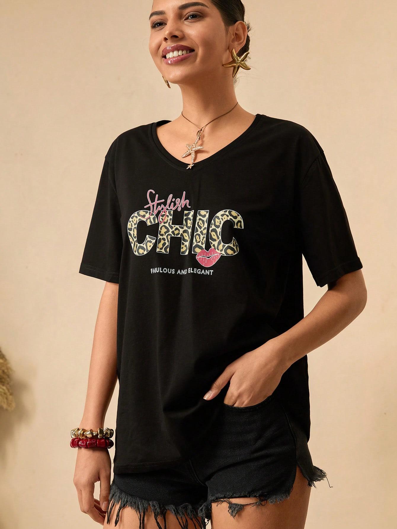 CZARNY T-SHIRT DAMSKI Z NADRUKIEM 