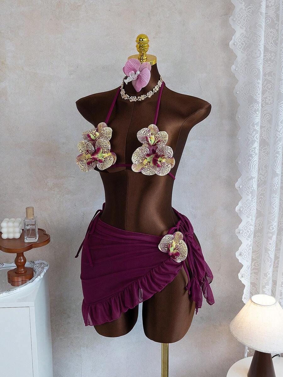 TRZYCZĘŚCIOWY KOMPLET BIKINI KWIAT 3D