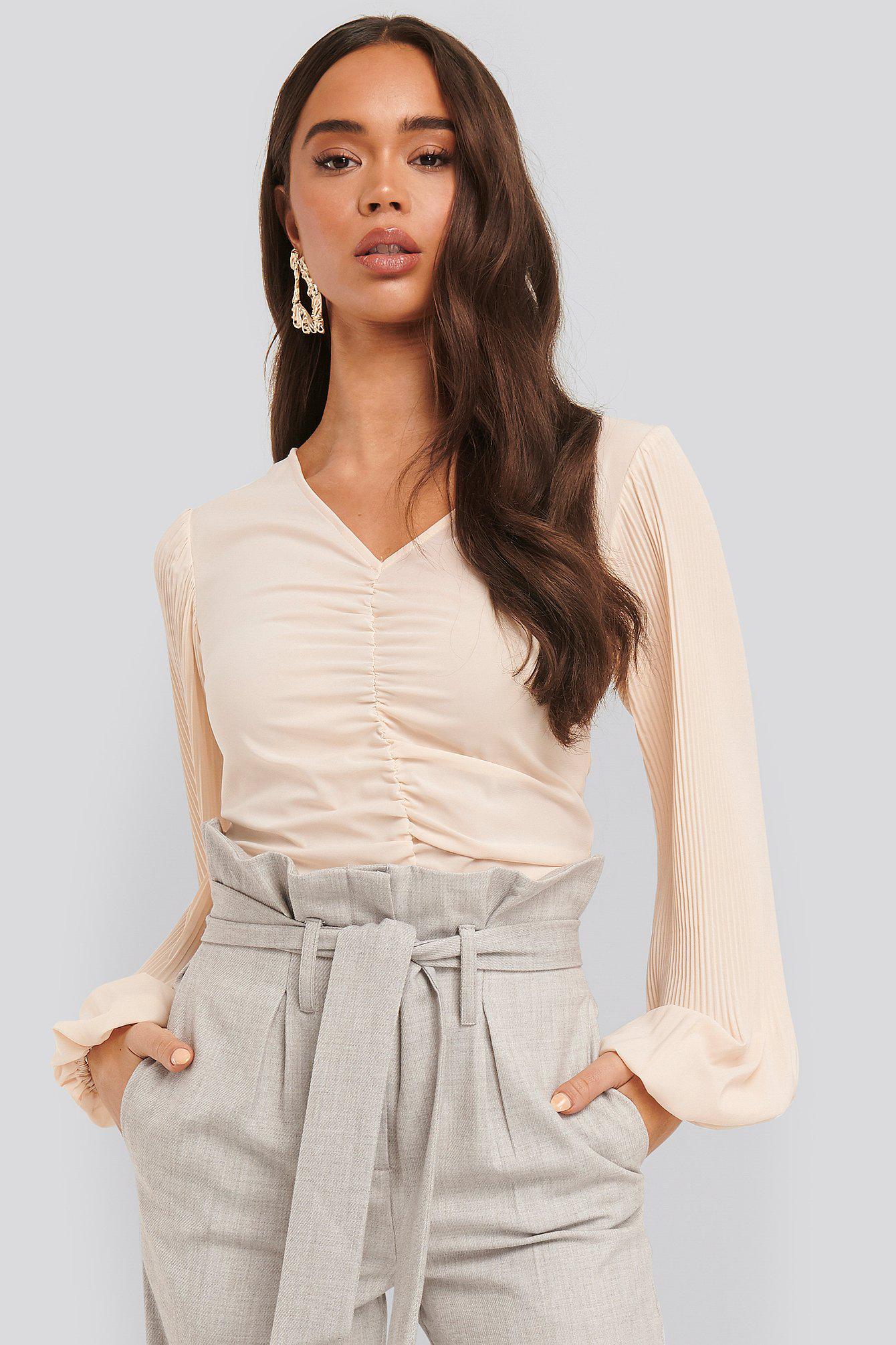 BEŻOWA BLUZKA V NECK MARSZCZENIE 
