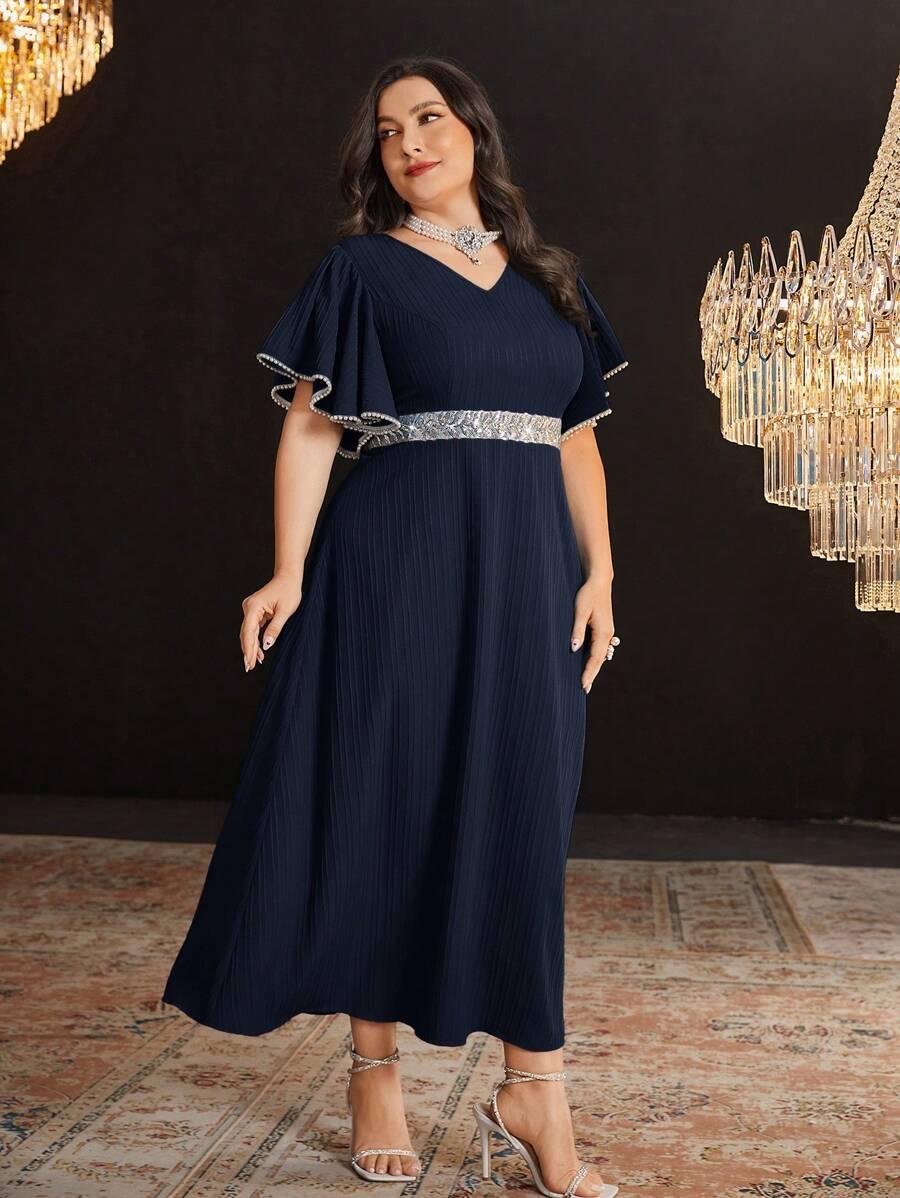 GRANATOWA SUKIENKA V NECK ZDOBIENIE 