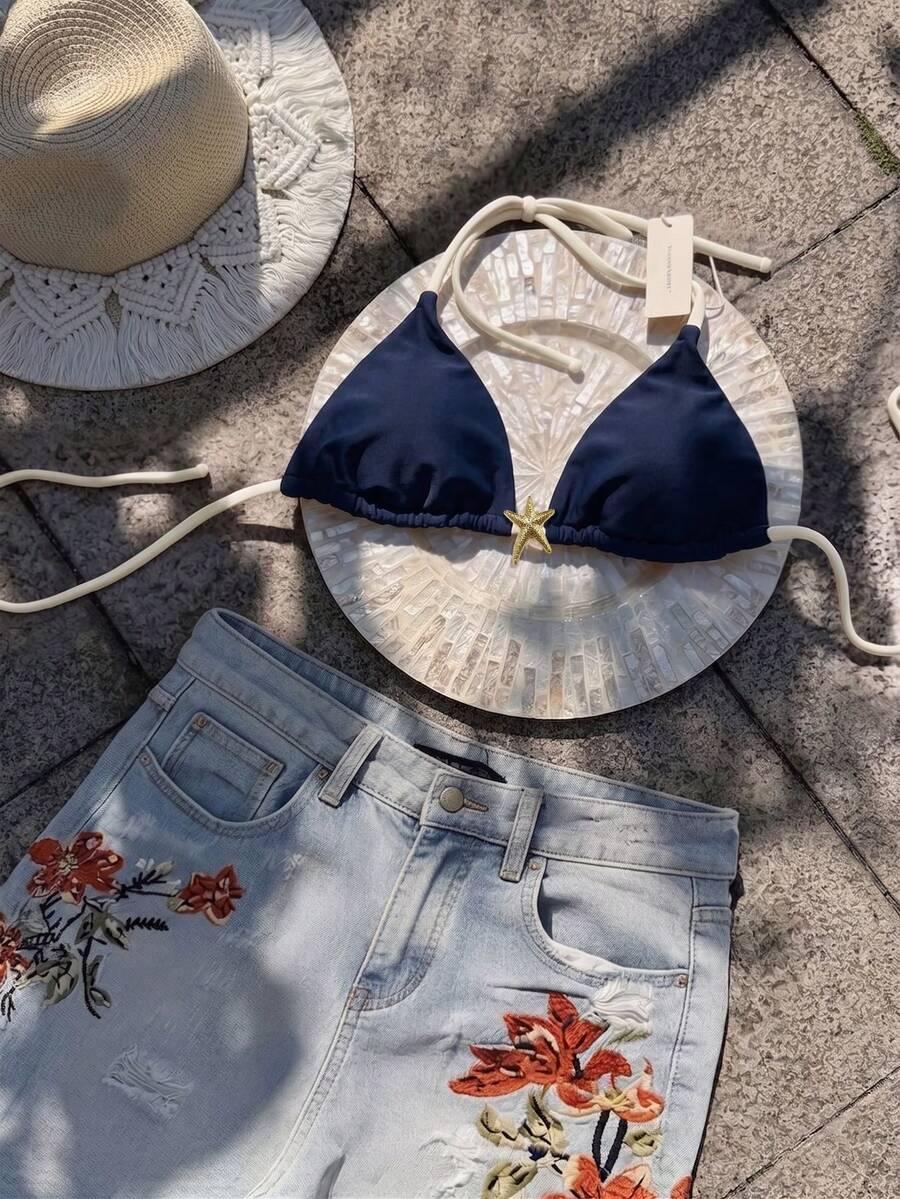 granatowa góra od bikini kontrast zdobienie