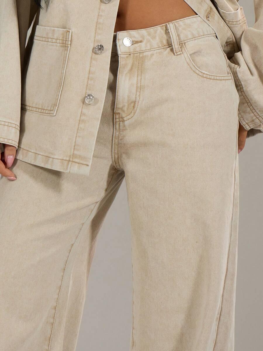 BEŻOWE SPODNIE JEANS SZEROKA NOGAWKA 