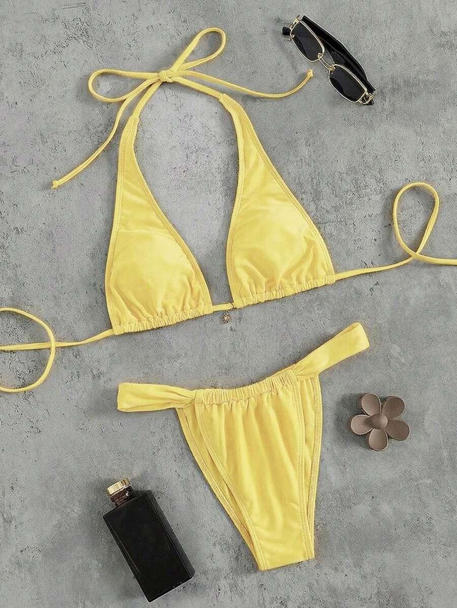 ŻÓŁTY KOMPLET BIKINI ZDOBIENIE