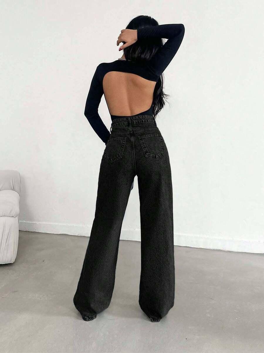 CZARNE PROSTE SPODNIE JEANS WYSOKI STAN