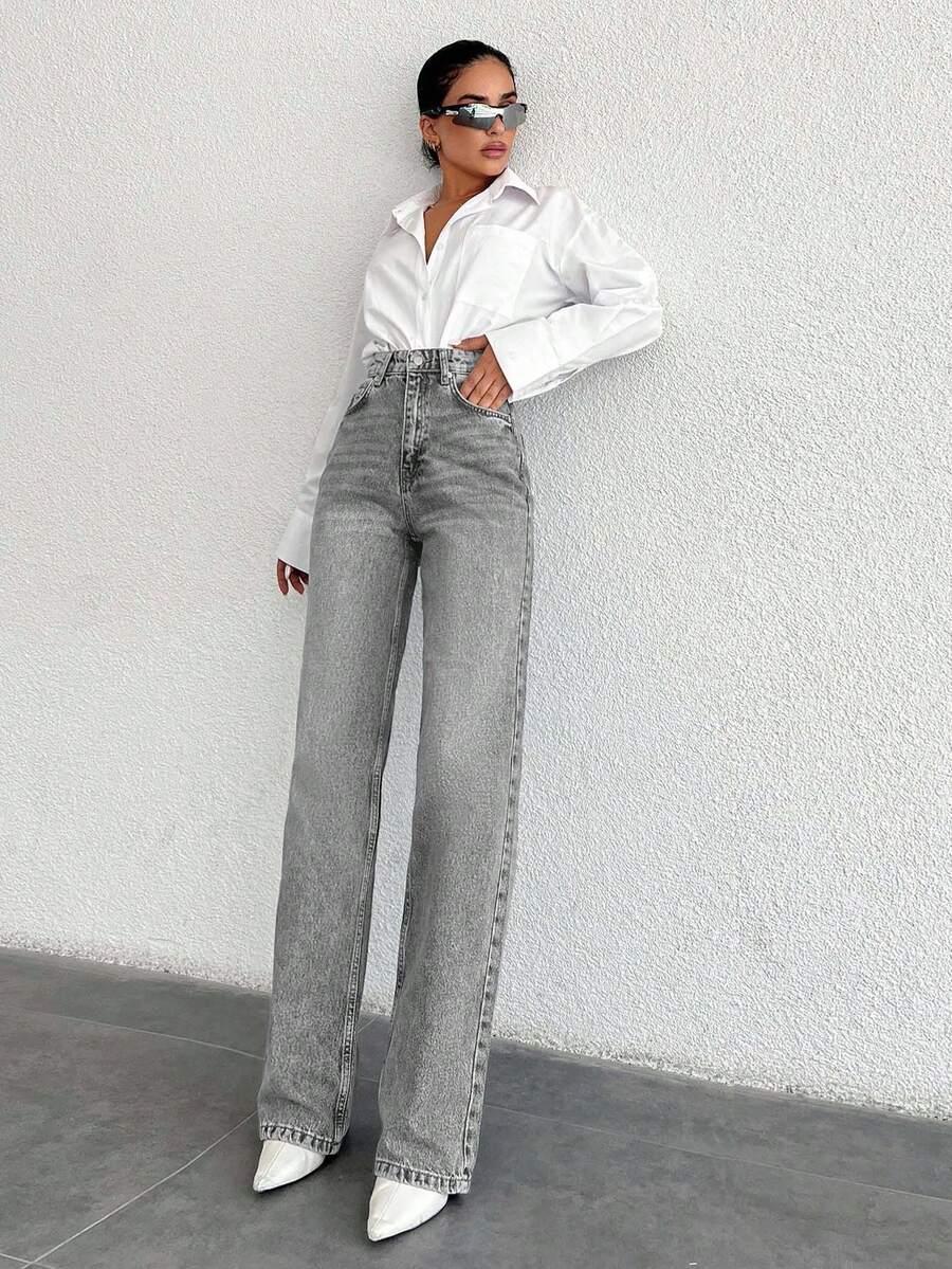 szare spodnie jeans prosta nogawka