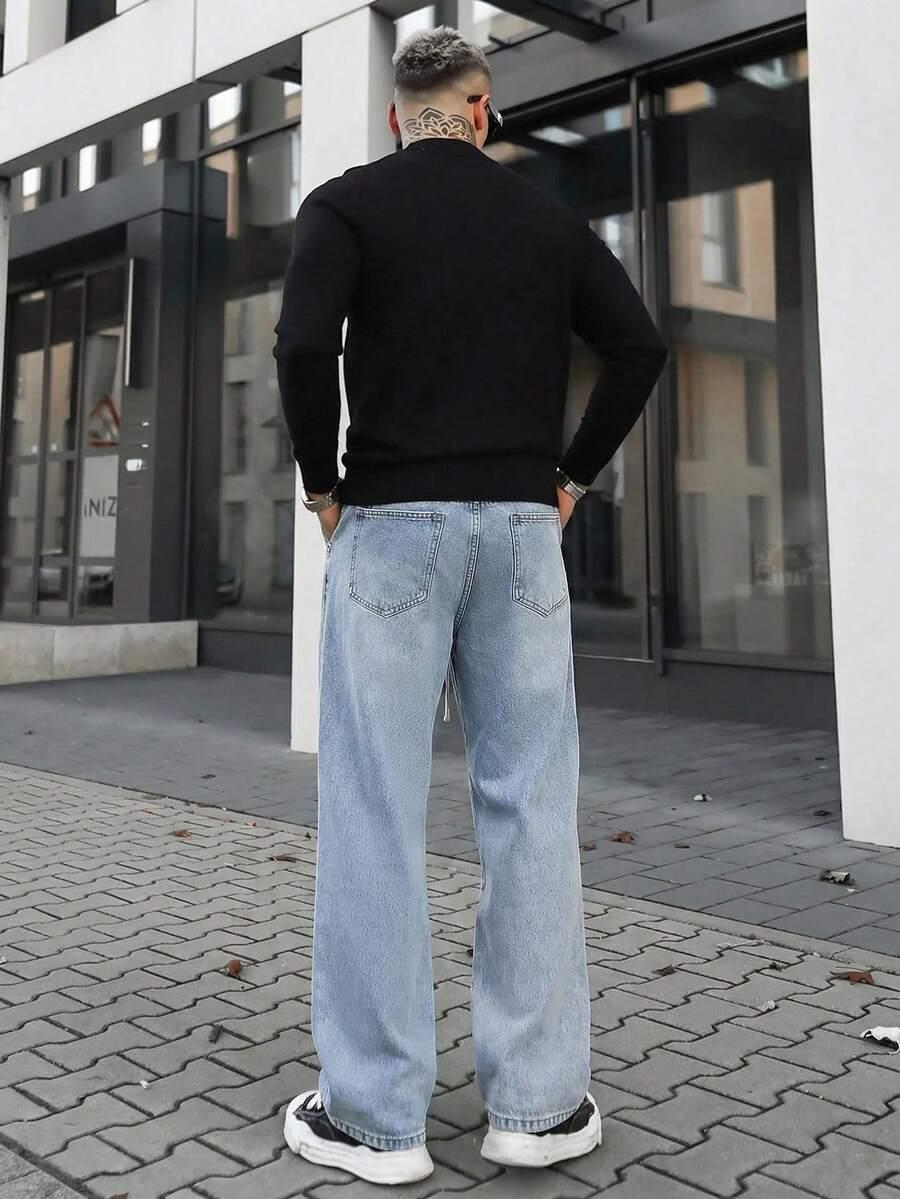 niebieskie proste spodnie jeans