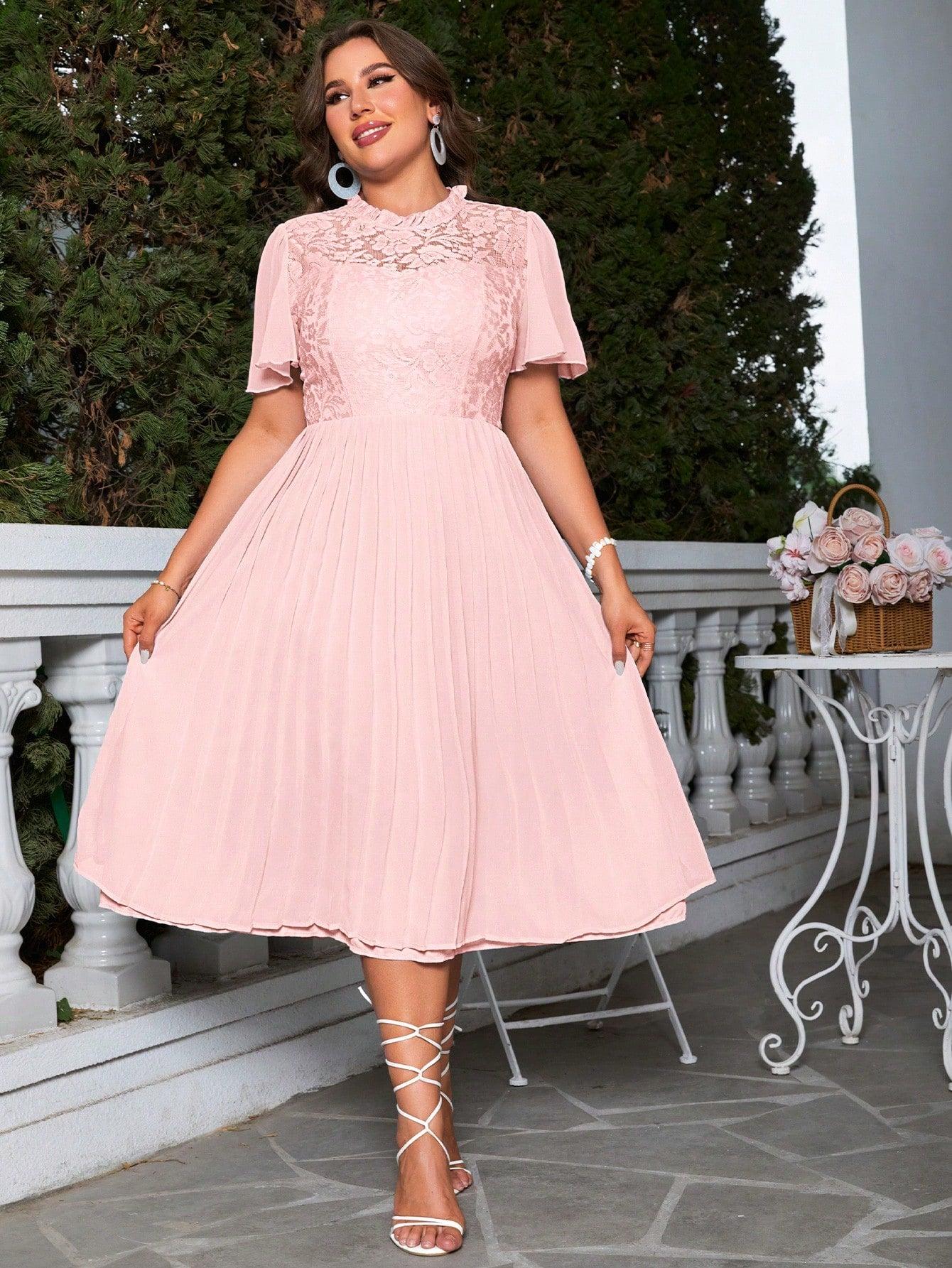 różowa plisowana midi sukienka koronka stójka
