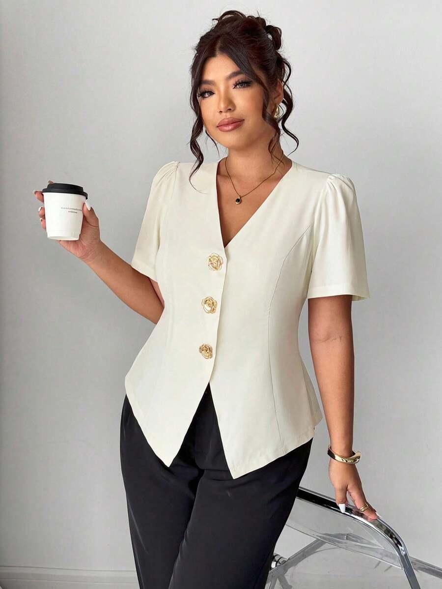BLUZKA Z KRÓTKIM RĘKAWEM ZDOBIENIE V NECK