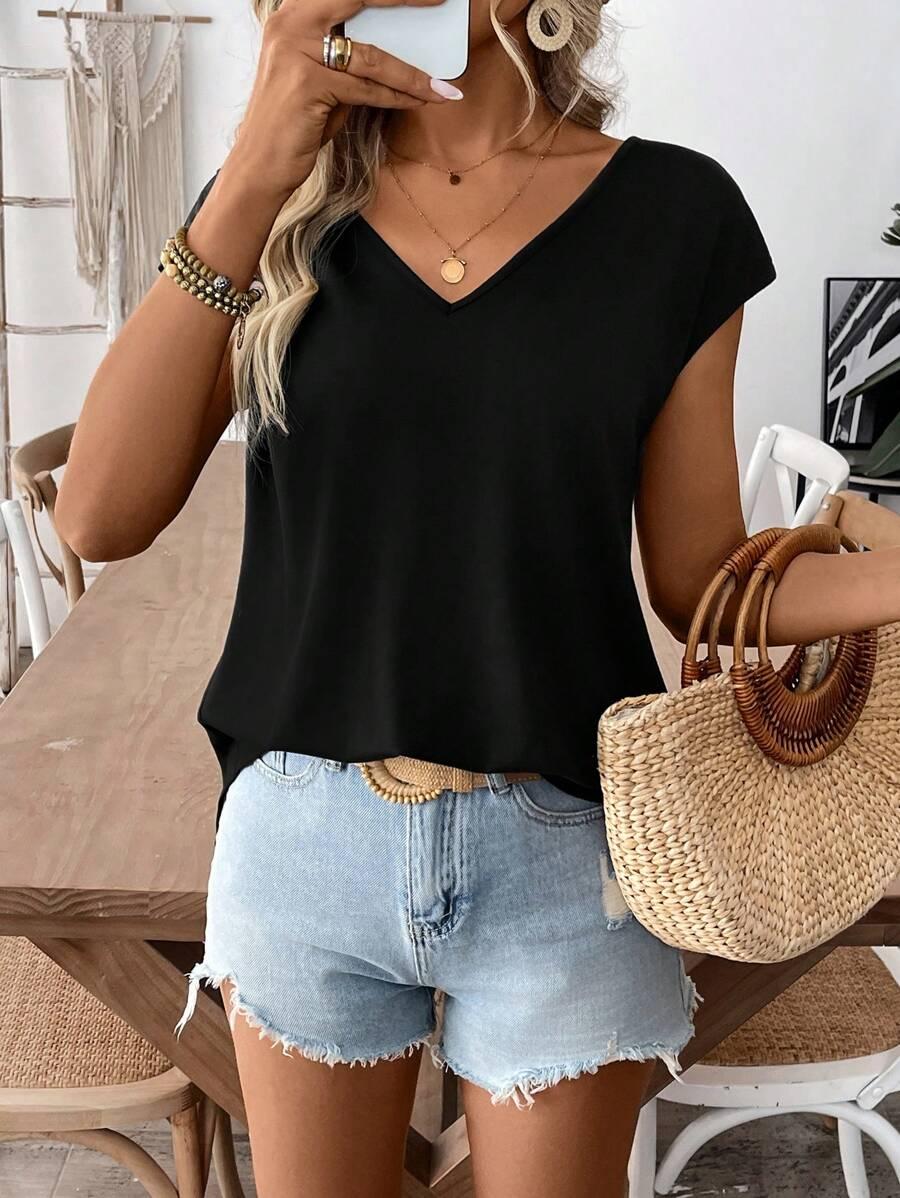 czarny t-shirt v neck kokardy 