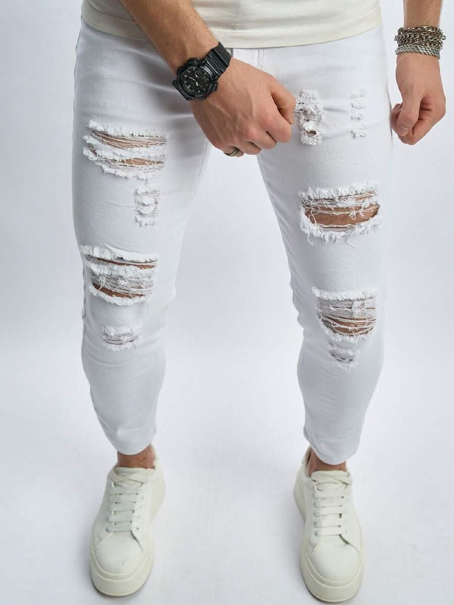 białe spodnie rurki jeans ripped 