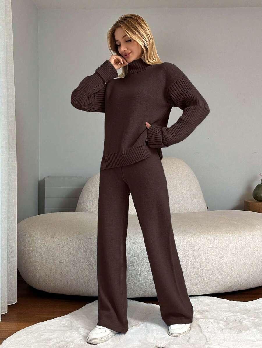 BRĄZOWY KOMPLET SWETER SPODNIE