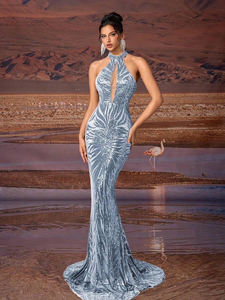 niebieska maxi sukienka połysk