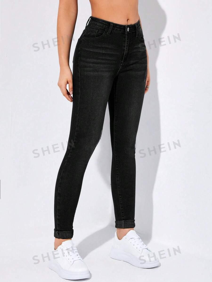 CZARNE SPODNIE JEANS PRZETARCIA WYSOKI STAN