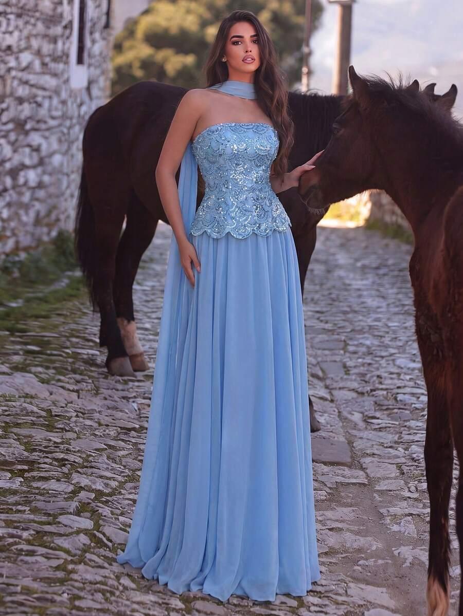 NIEBIESKA MAXI SUKIENKA zdobienia