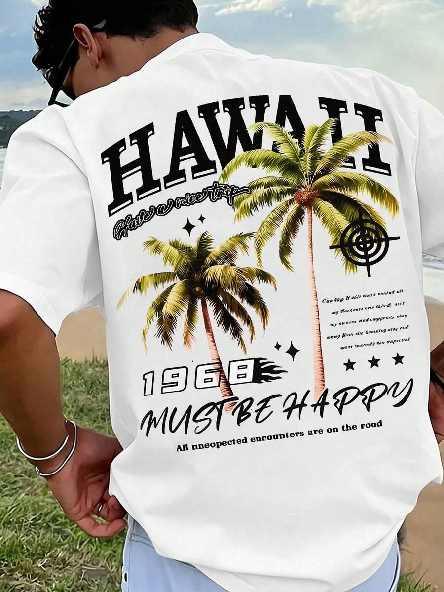 biały t-shirt okrągły dekolt nadruk hawaii