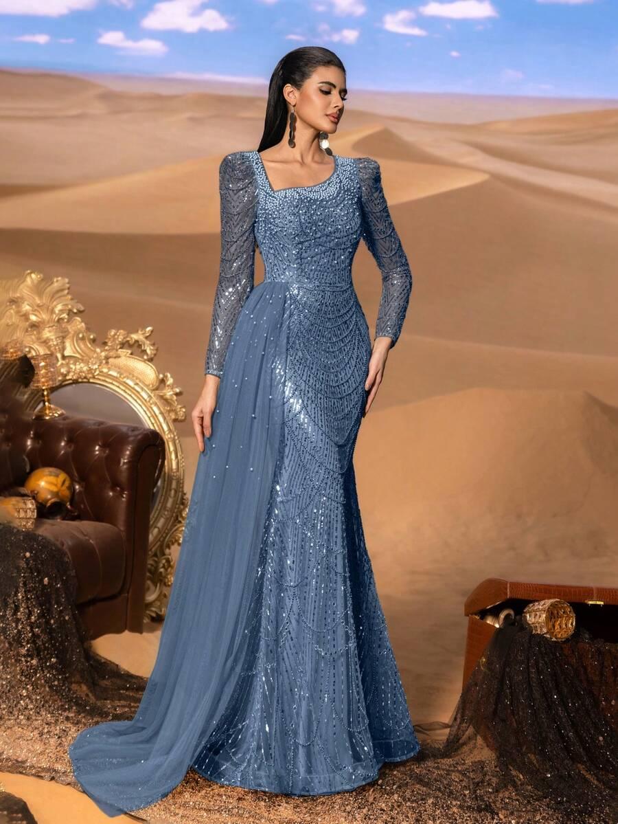 NIEBIESKA MAXI SUKIENKA ZDOBIENIE 