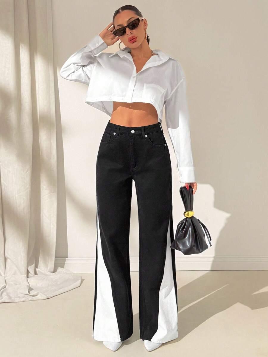 CZARNE SPODNIE JEANS KONTRAST