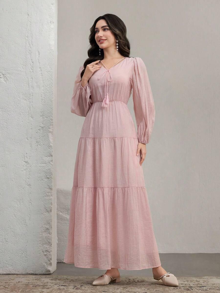 maxi sukienka długi rękaw v neck wiązanie 