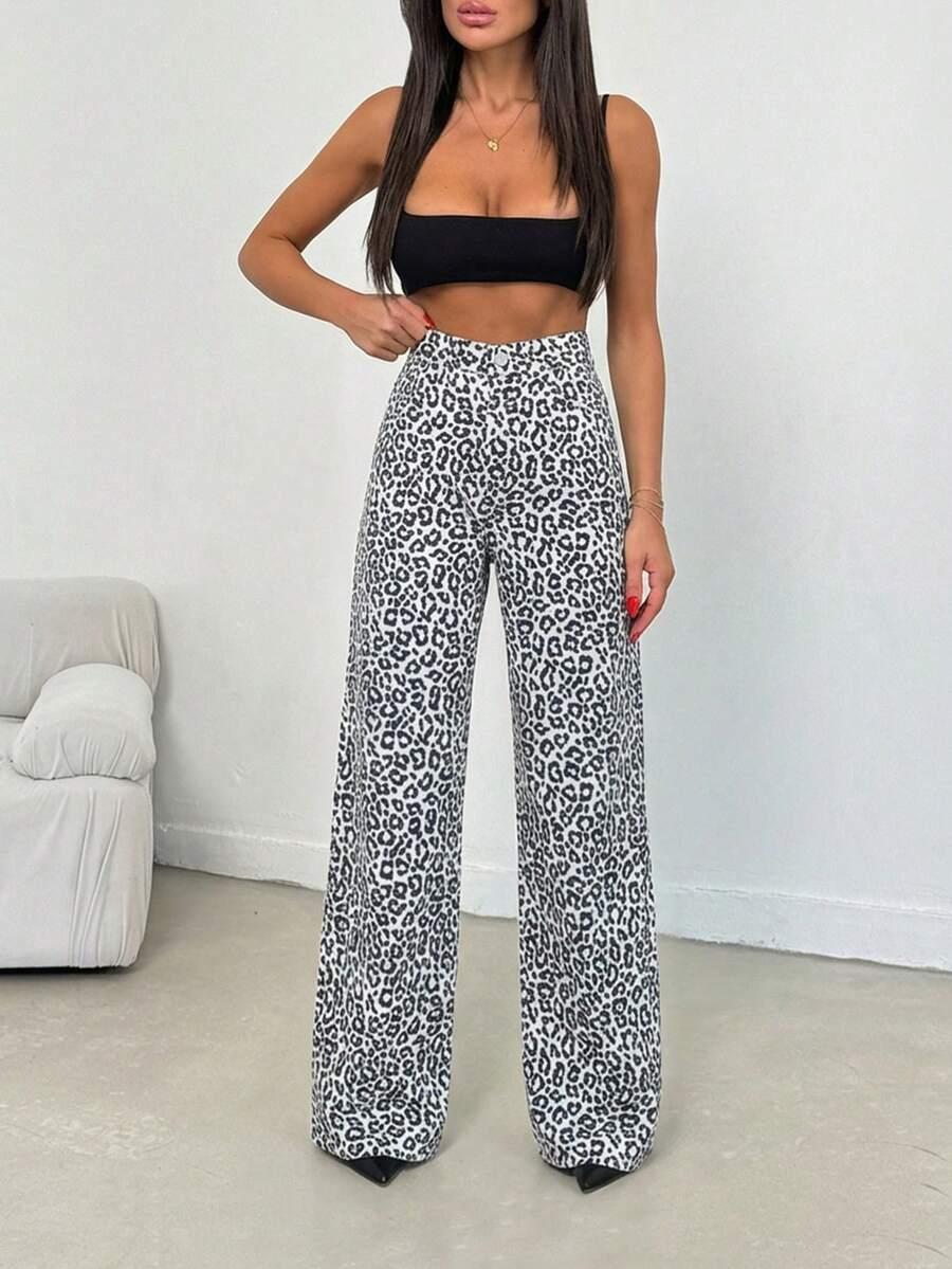 spodnie jeans leopard print 