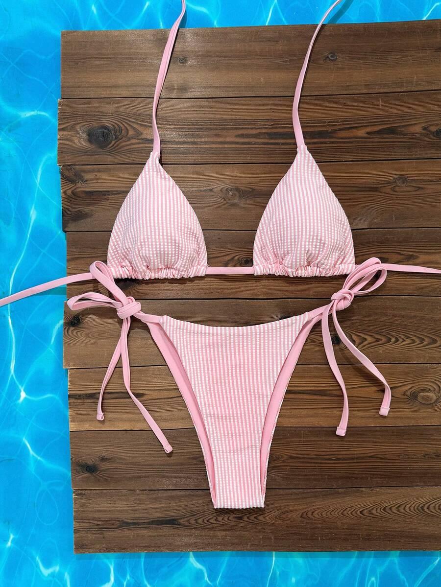 różowa góra od bikini w paski