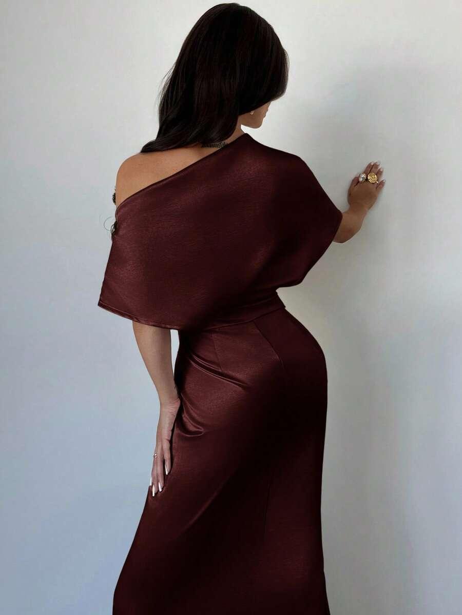 BORDOWA SATYNOWA MAXI SUKIENKA