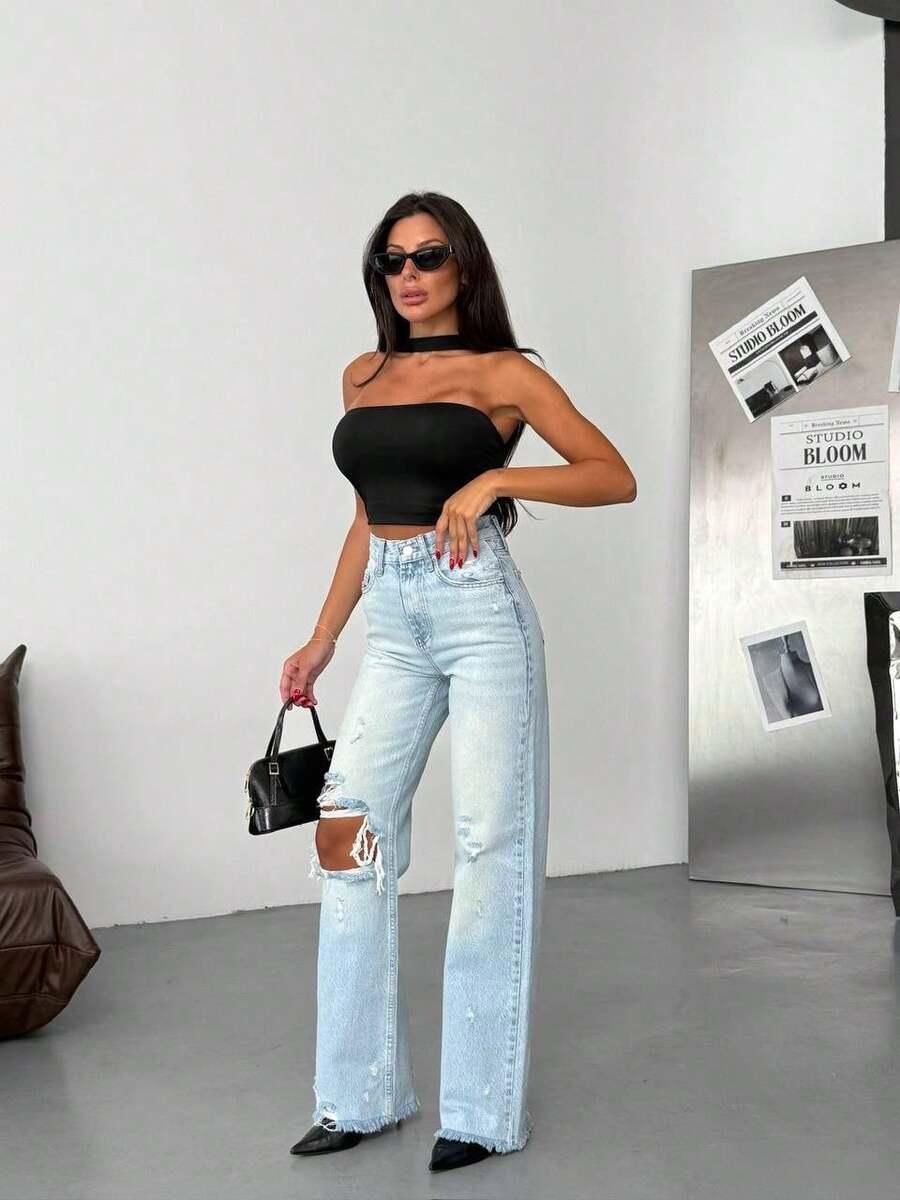 SPODNIE JEANS RIPPED WYSOKI STAN