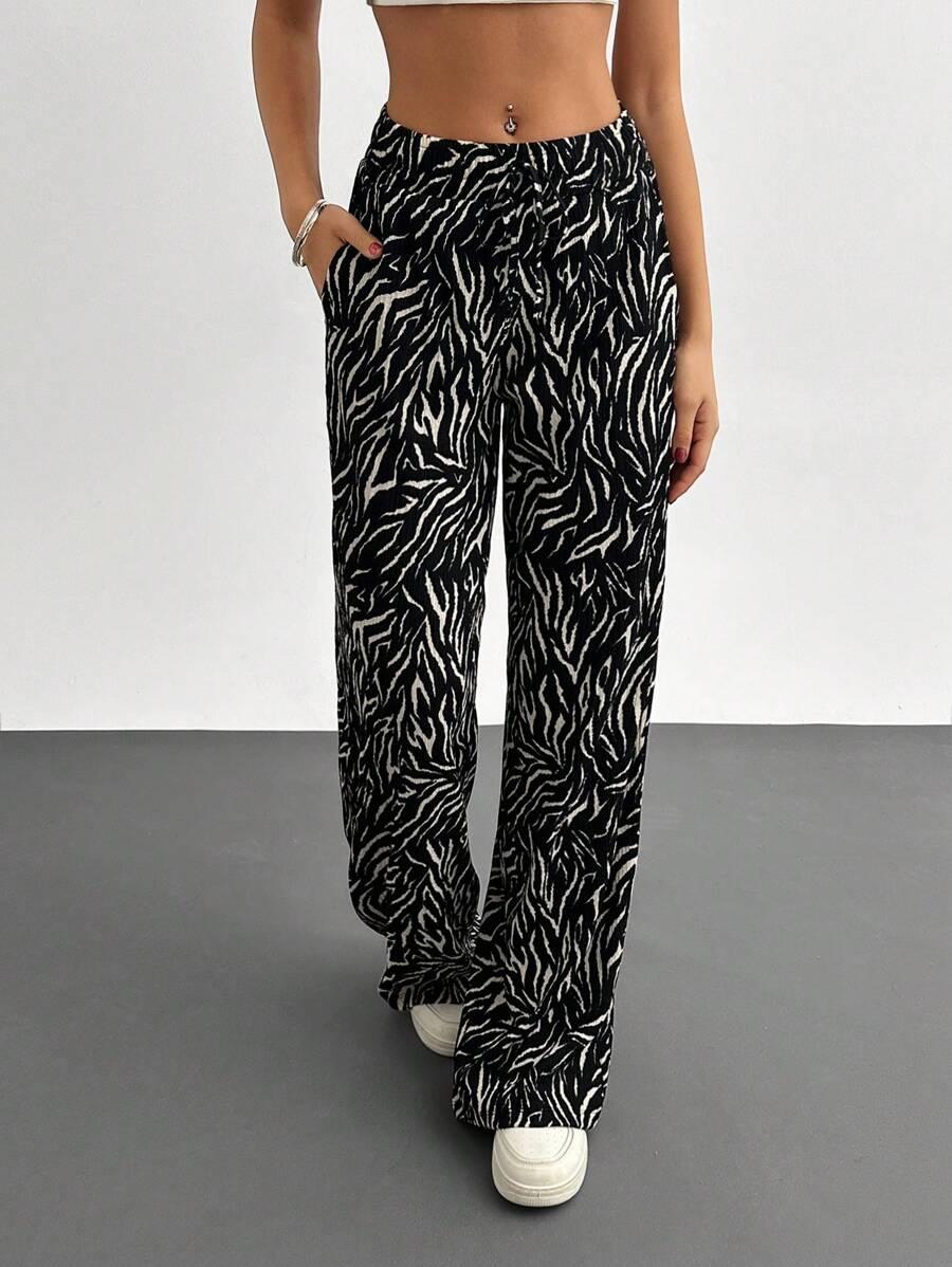 spodnie szeroka nogawka animal print