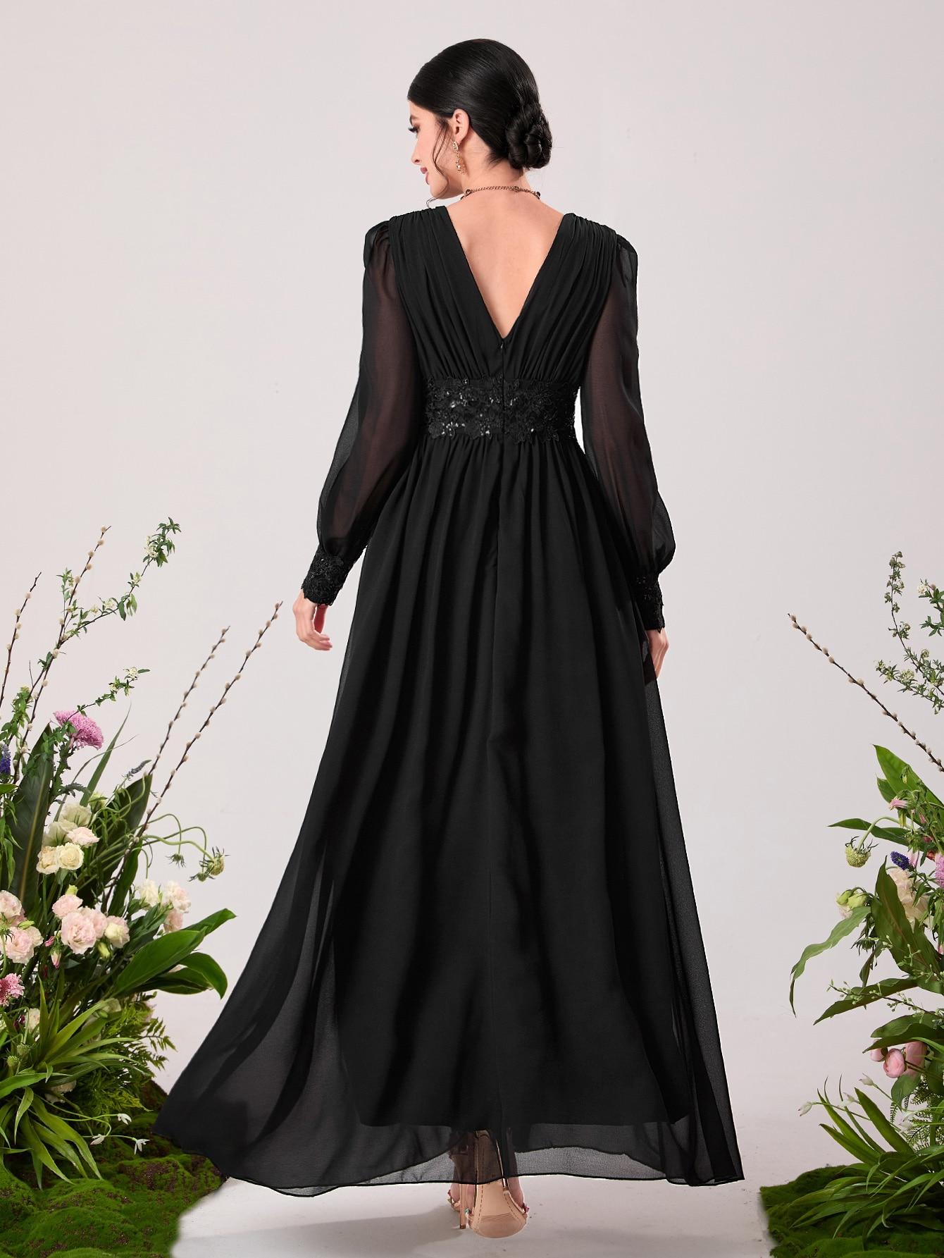 szyfonowa zdobiona czarna maxi sukienka cekiny haft