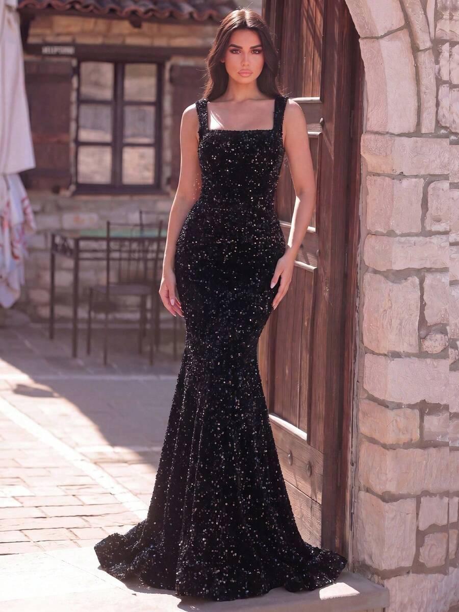 CZARNA SUKIENKA MAXI CEKINY