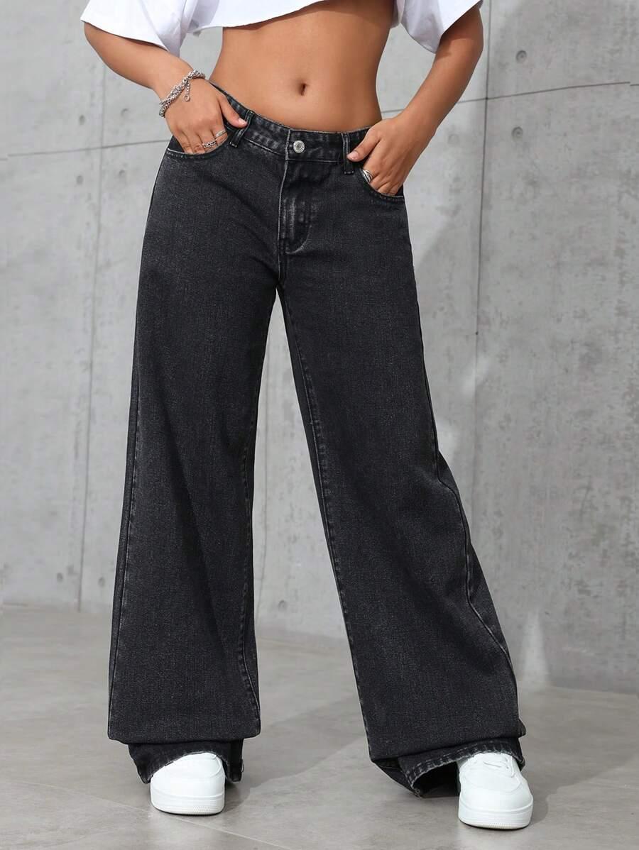 CZARNE SPODNIE JEANS SZEROKIE NOGAWKI