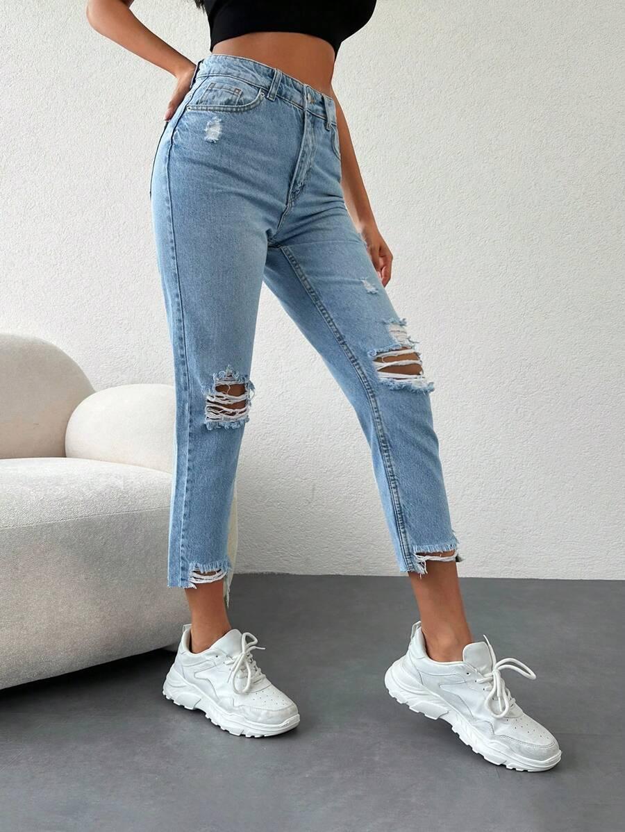 NIEBIESKIE SPODNIE MOM JEANS PRZETARCIA