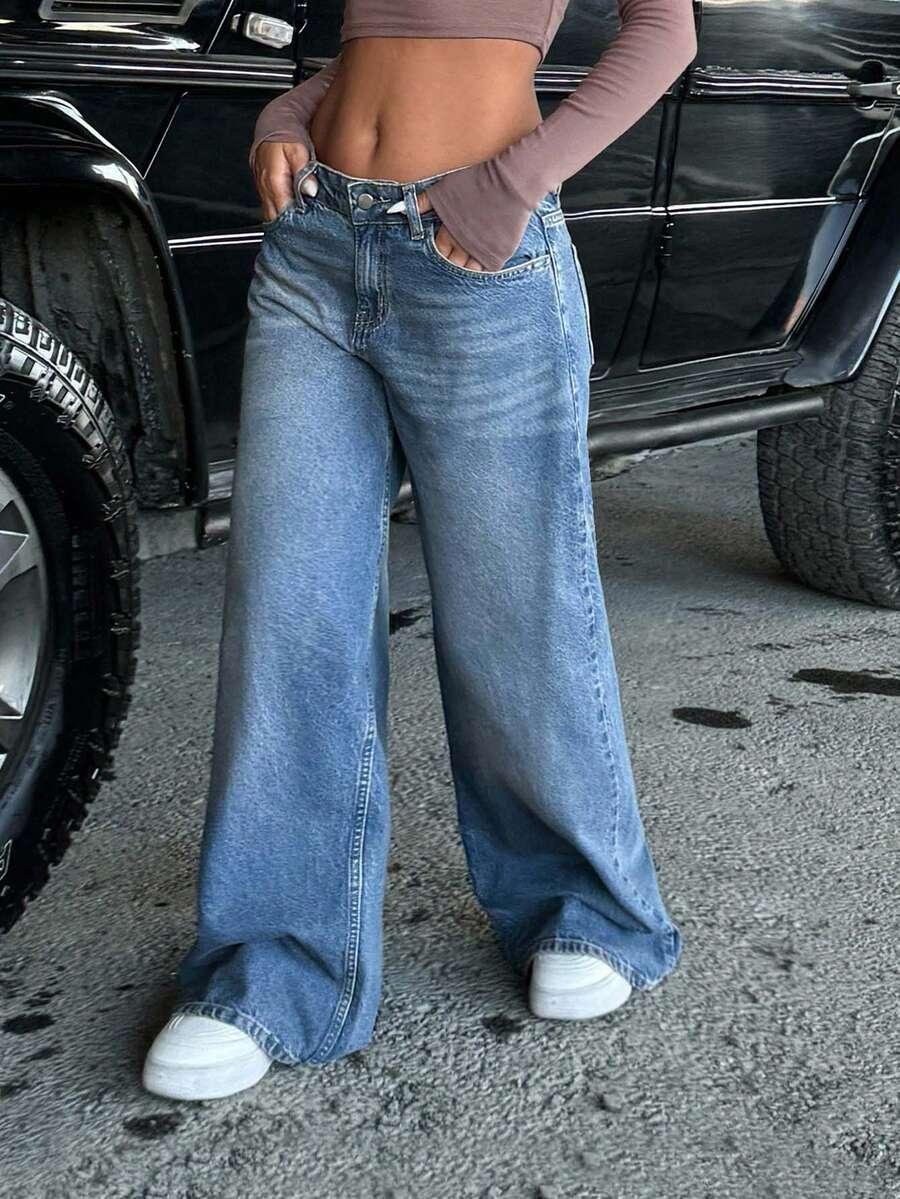 niebieskie spodnie jeans wide leg