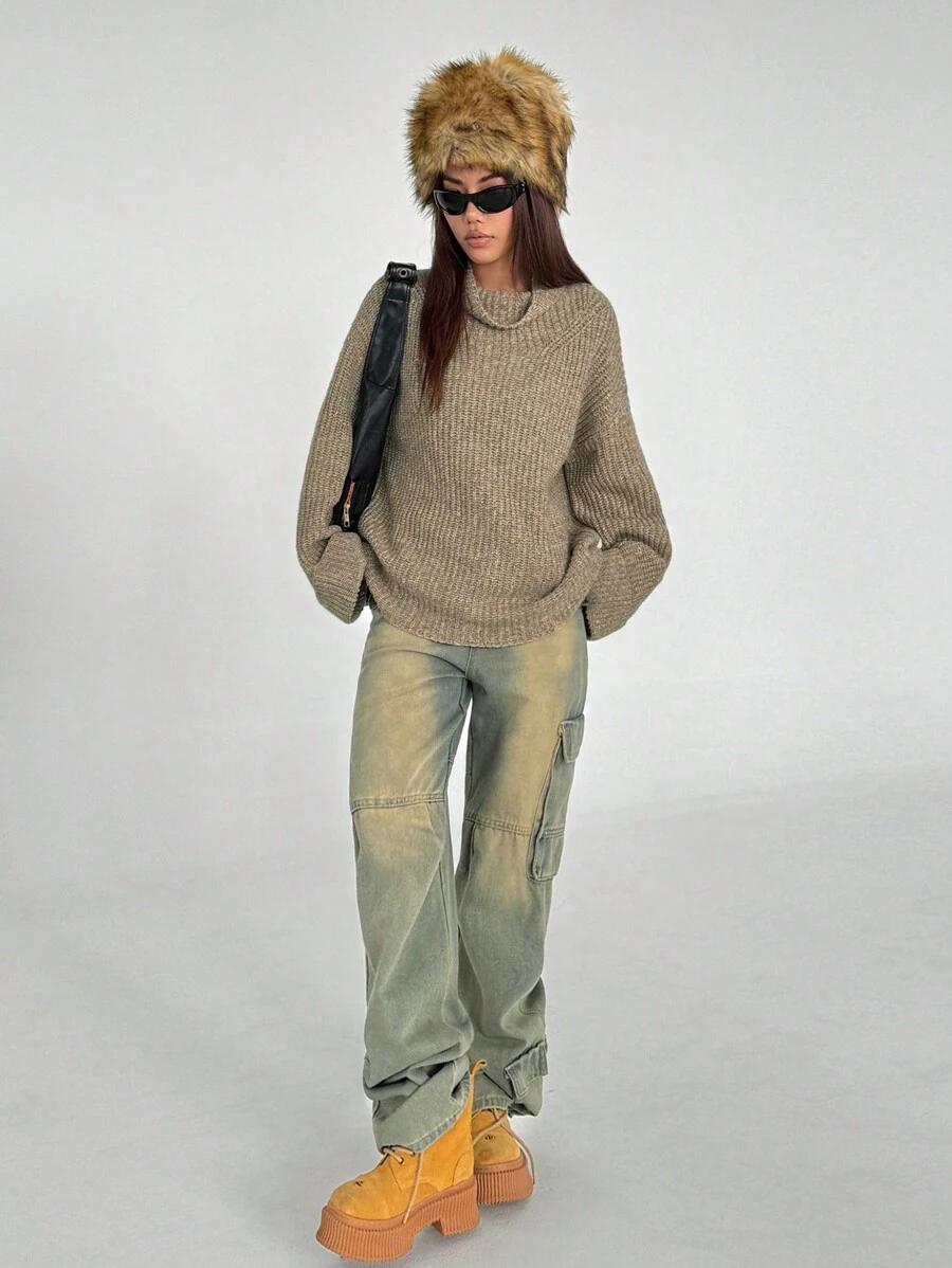 ELEGANT SWETER DAMSKI - LUŹNY DŁUGI RĘKAW LEJĄCY DEKOLT 