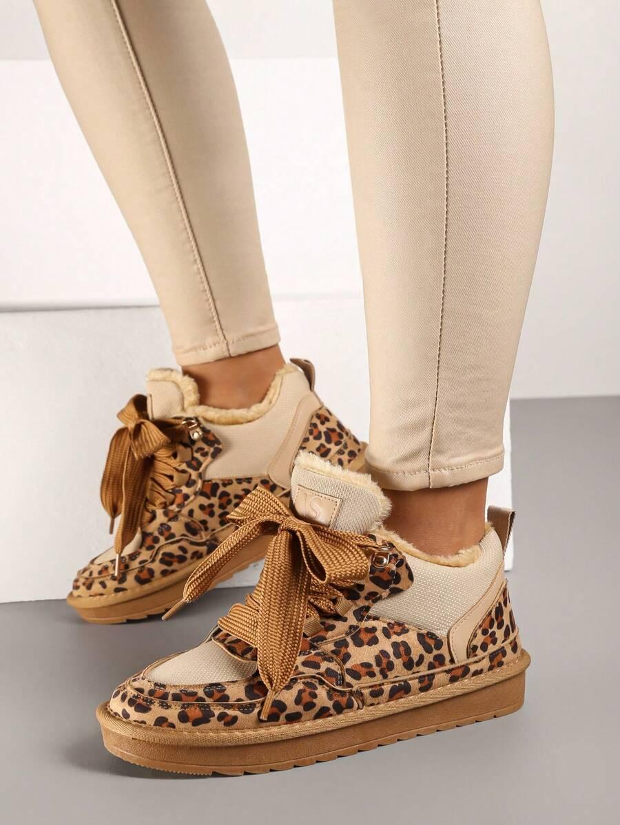 brązowe sznurowane śniegowce animal print