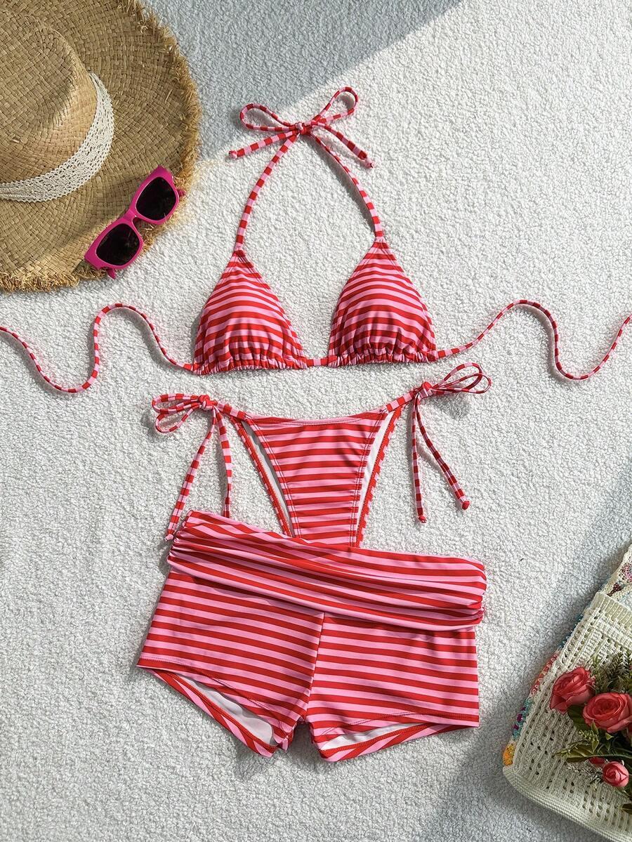 trzyczęściowy komplet bikini spodenki wzór paski