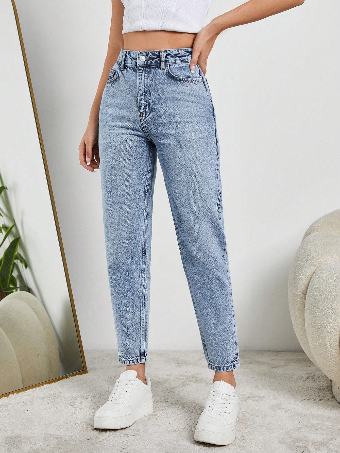 niebieskie spodnie jeans wysoki stan mom fit 