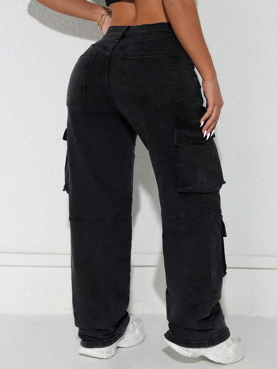 CZARNE SPODNIE JEANS CARGO