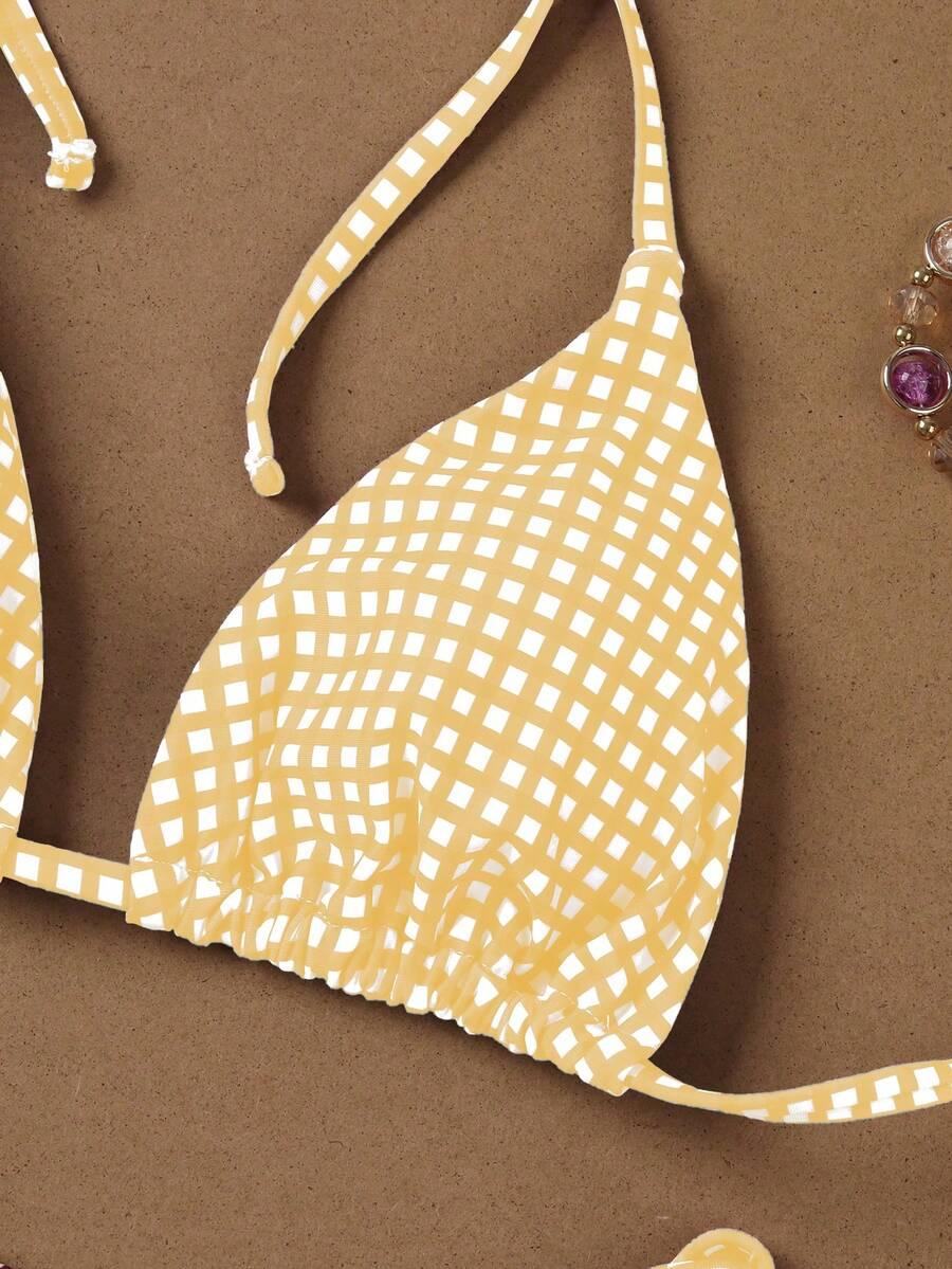 żółty komplet bikini wzór kratka