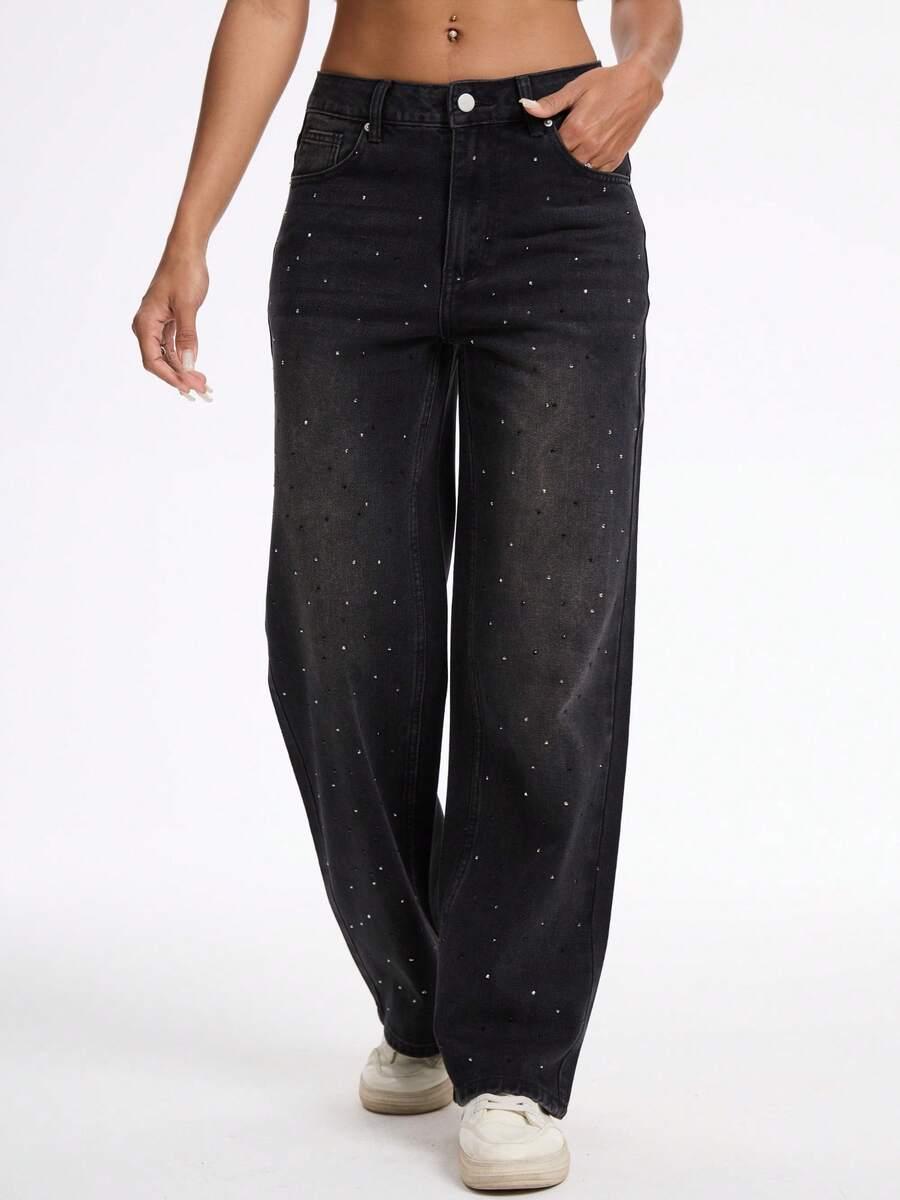 CZARNE SPODNIE JEANS ZDOBIENIE 