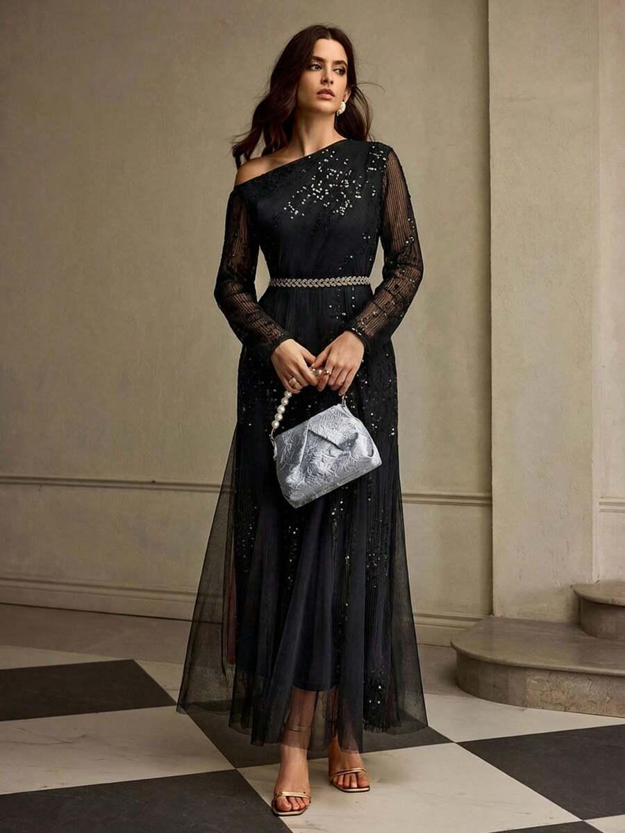 czarna maxi sukienka cekiny