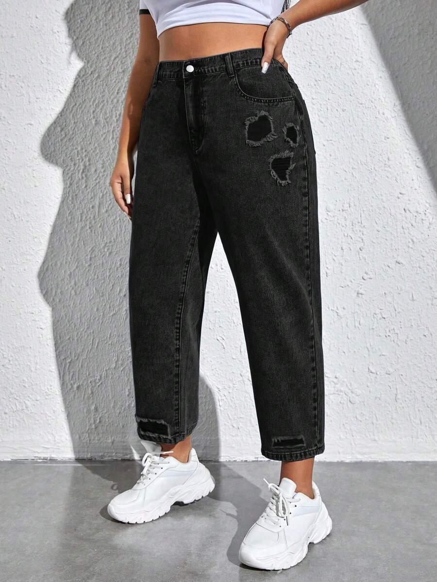 SPODNIE JEANSOWE MOM JEANS Z PRZETRACIAMI