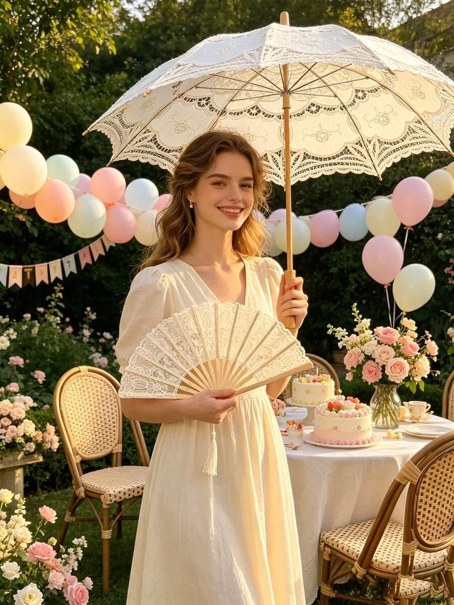 Biały koronkowy parasol przeciwsłoneczny
