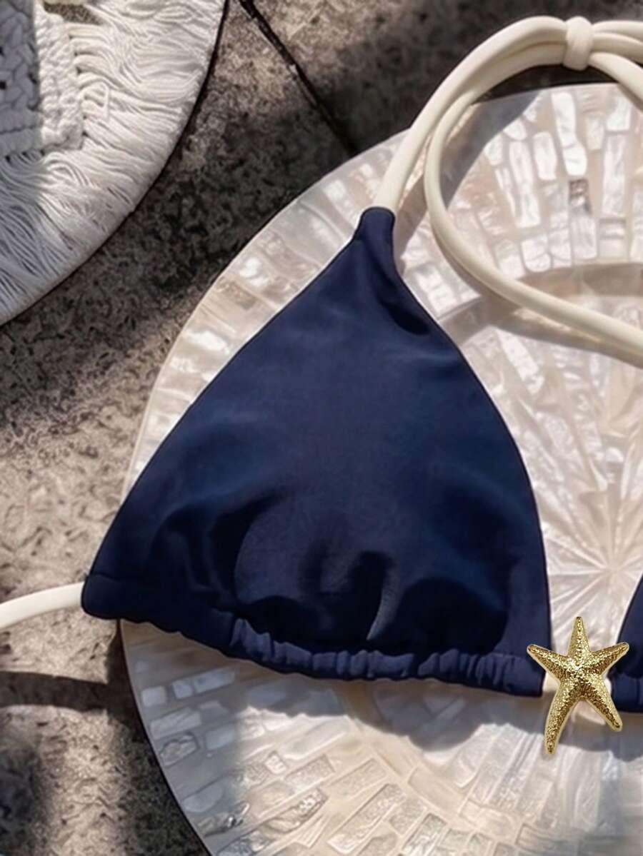 granatowa góra od bikini kontrast zdobienie