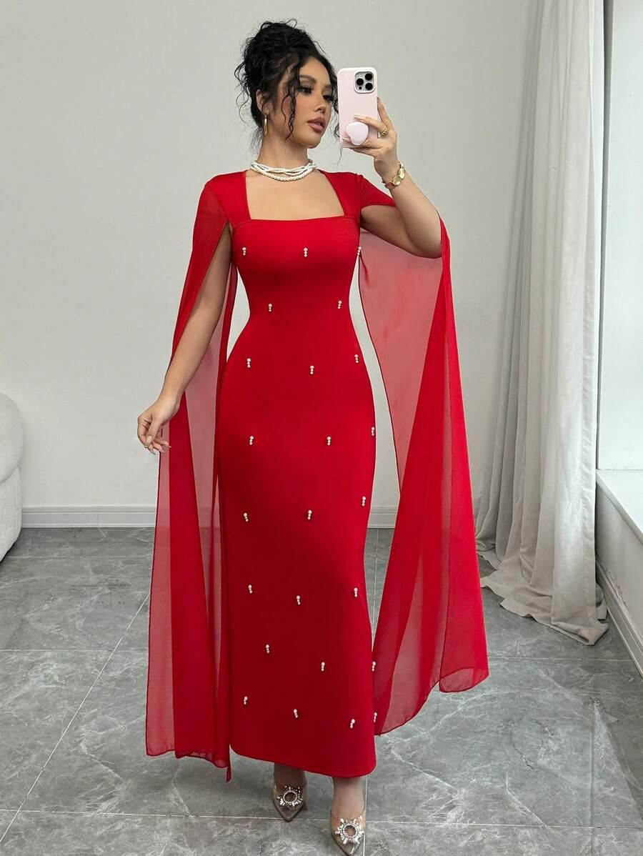 CZERWONA MAXI SUKIENKA ZDOBIENIA 