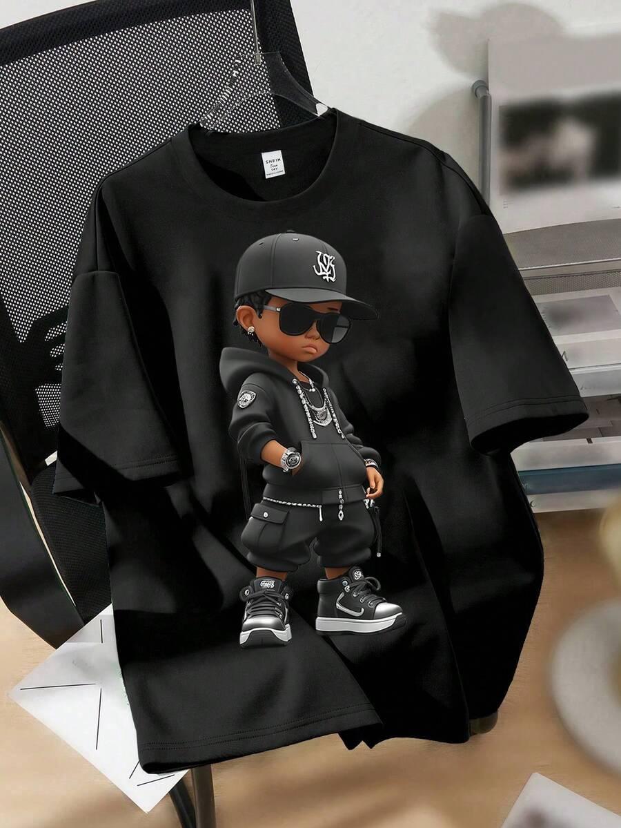 czarny t-shirt okrągły dekolt nadruk