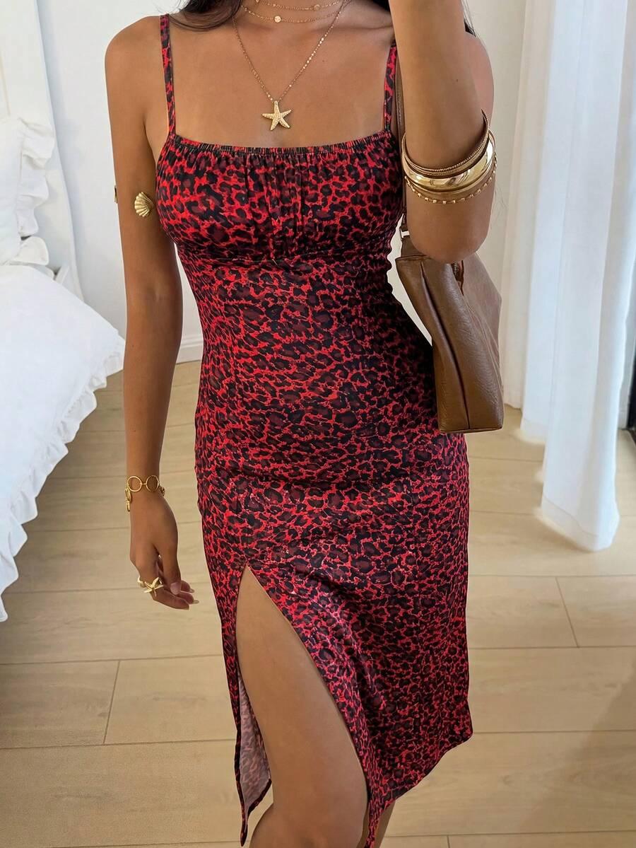 sukienka na ramiączkach animal print rozcięcie