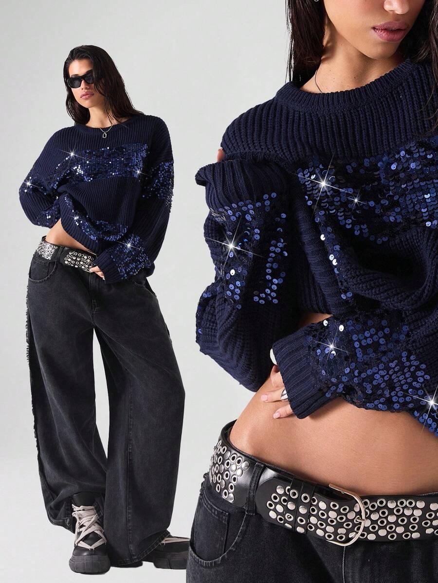 granatowy sweter cekiny