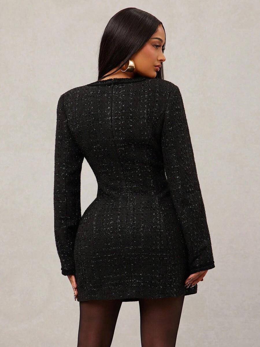 CZARNA MINI SUKIENKA tweed guziki