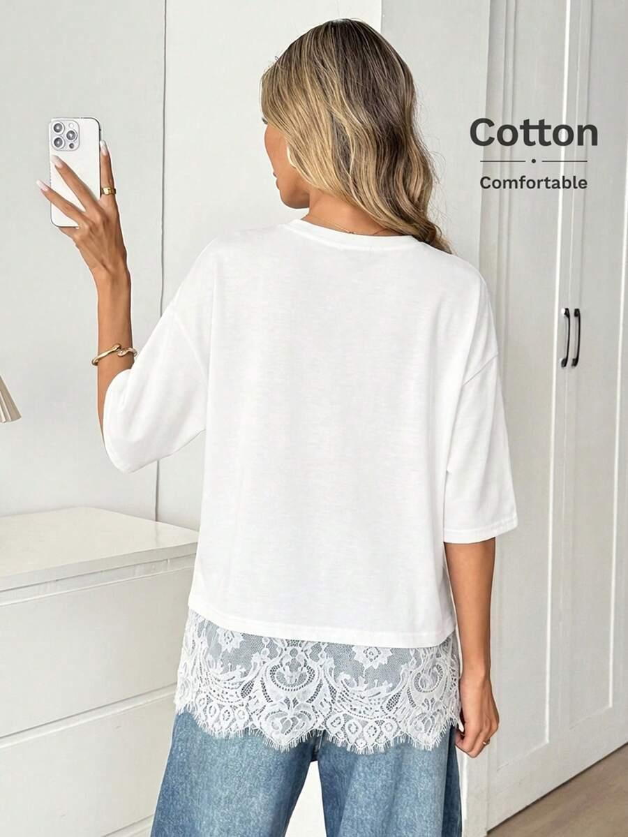 BIAŁY T-SHIRT OKRĄGŁY DEKOLT KORONKA