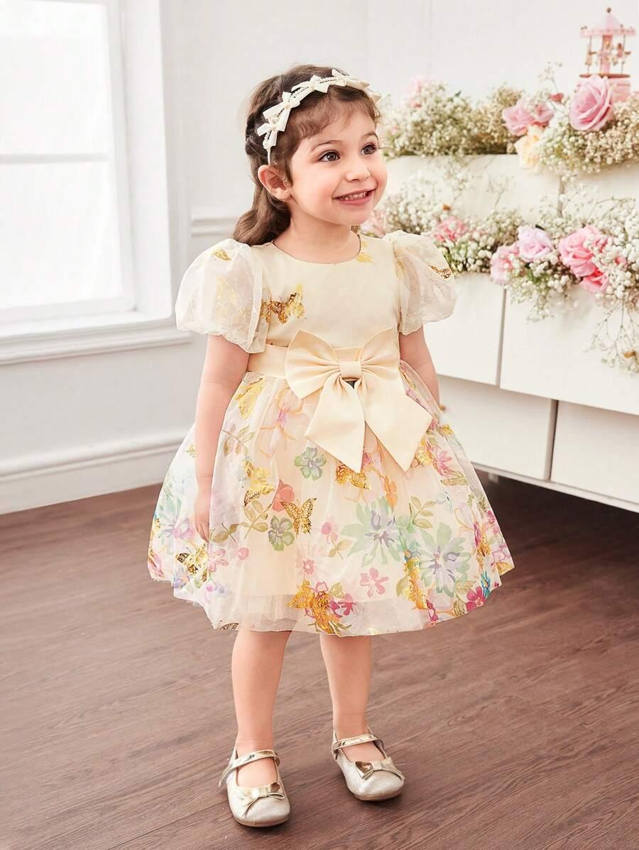 DZIEWCZĘCA ELEGANCKA SUKIENKA Z KRÓTKIM RĘKAWEM 9-12M